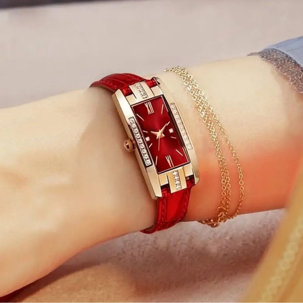 Passion Lady Red Quartz Vintage Watch with Rhinestone Accents and Square